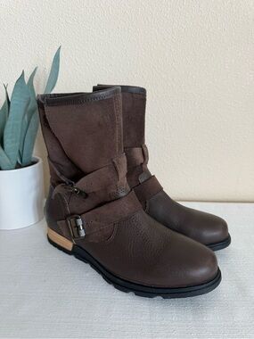 Sorel Brown Leather & Suede Mid-Calf Buckle Moto Boots